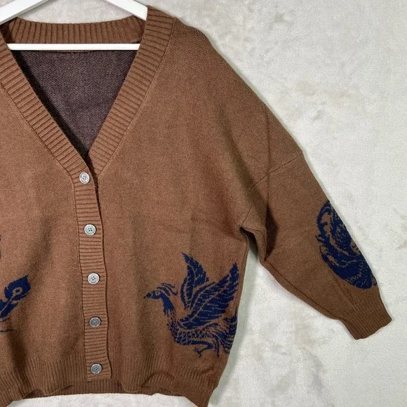 Phoenix Bird Cardigan Button Down XL Sweater Blue Brown Boxy Indie Hipster Boho - Picture 4 of 7